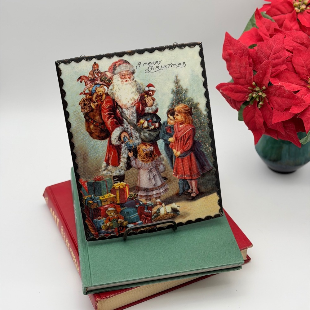 Vintage Santa Claus Tile Postcard Metal Frame Christmas Holiday Decor 8x10